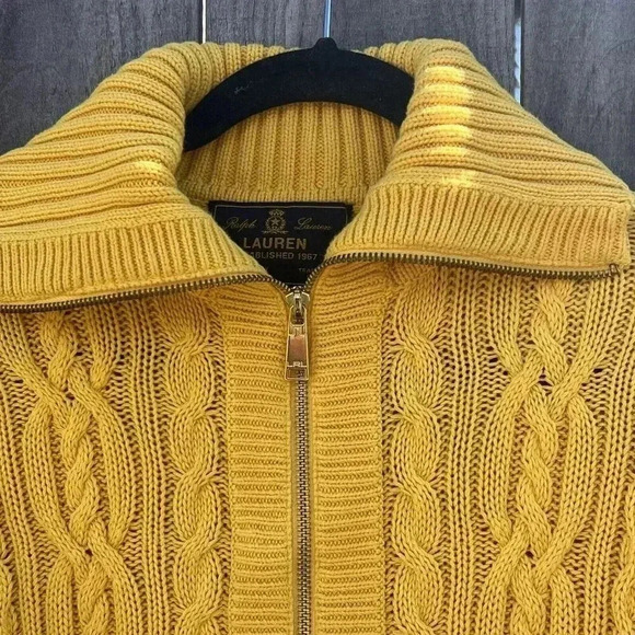 Ralph Lauren Black Label Yellow Cable Knit Women Cardigan Gold Full Zip Medium - Picture 2 of 4